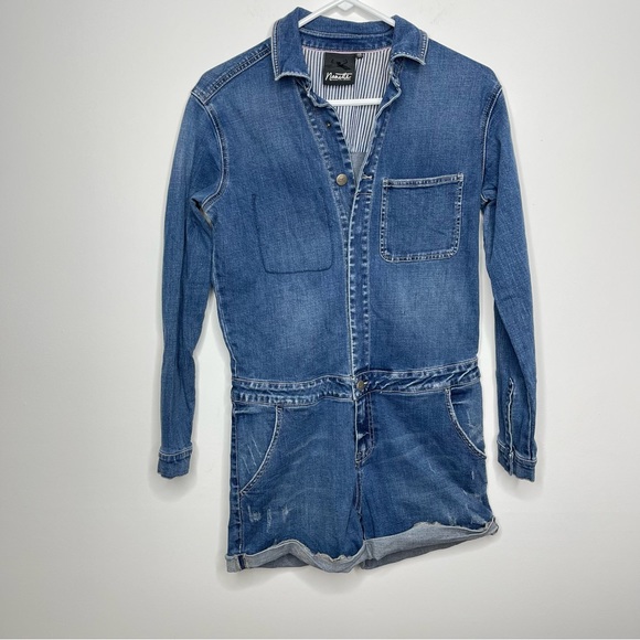 Nanette Lapore Denim Jean Long Sleeved Romper Size XS Cut Off Style Shorts - Picture 5 of 6
